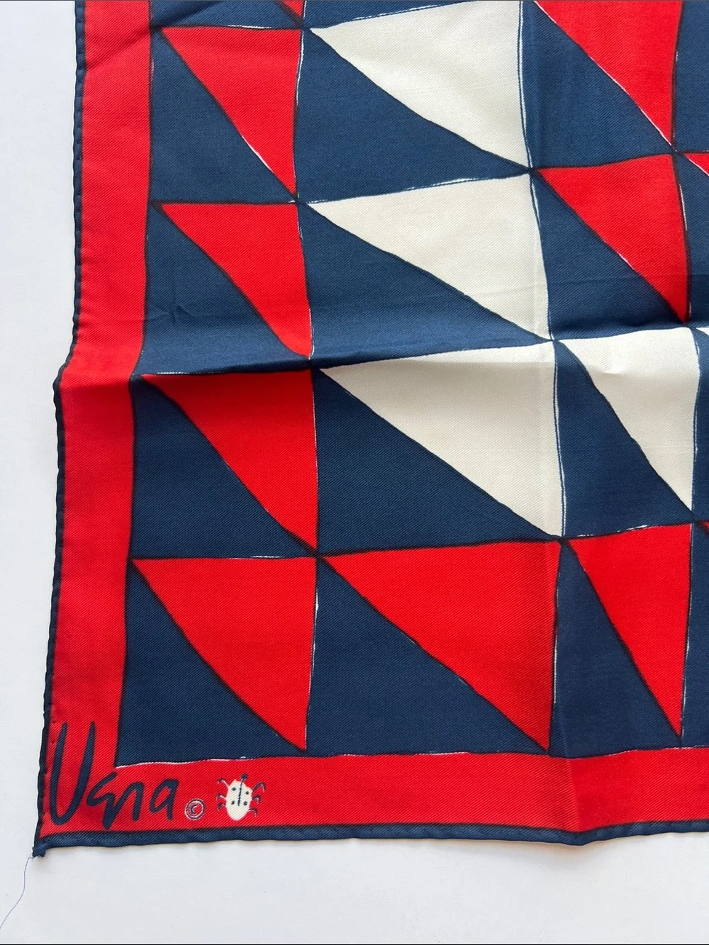 Vintage Vera Neumann Geometric Red Navy white Scarf made in Japan 22” square